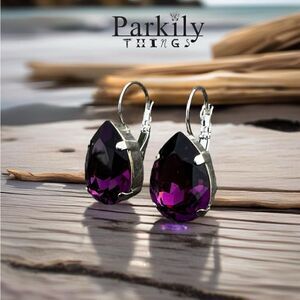 Handcrafted earrings with a purple amethyst teardrop Swarovski crystal